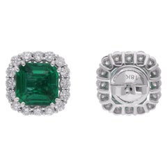 Zambian Emerald Gemstone Stud Earrings Diamond 14 Karat White Gold Fine Jewelry