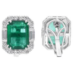 Zambian Emerald Gemstone Stud Earrings Diamond 14 Karat White Gold Fine Jewelry 