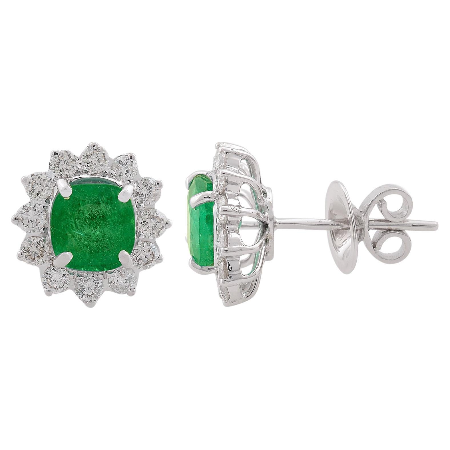 Zambian Emerald Gemstone Stud Earrings Diamond 14 Karat White Gold Fine Jewelry