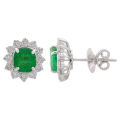 Zambian Emerald Gemstone Stud Earrings Diamond 14 Karat White Gold Fine Jewelry