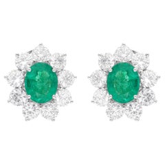 Zambian Emerald Gemstone Stud Earrings Diamond 14 Karat White Gold Fine Jewelry