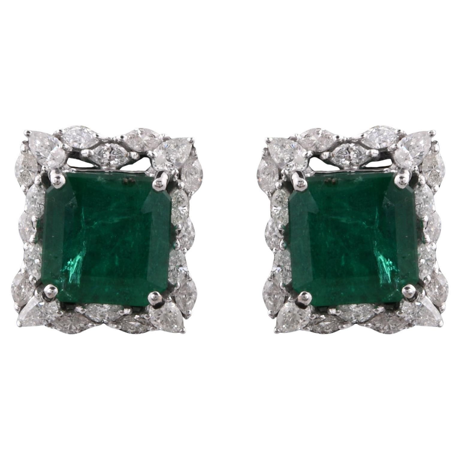 Zambian Emerald Gemstone Stud Earrings Diamond 14 Karat White Gold Fine Jewelry