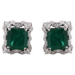 Zambian Emerald Gemstone Stud Earrings Diamond 14 Karat White Gold Fine Jewelry