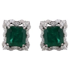 Zambian Emerald Gemstone Stud Earrings Diamond 14 Karat White Gold Fine Jewelry