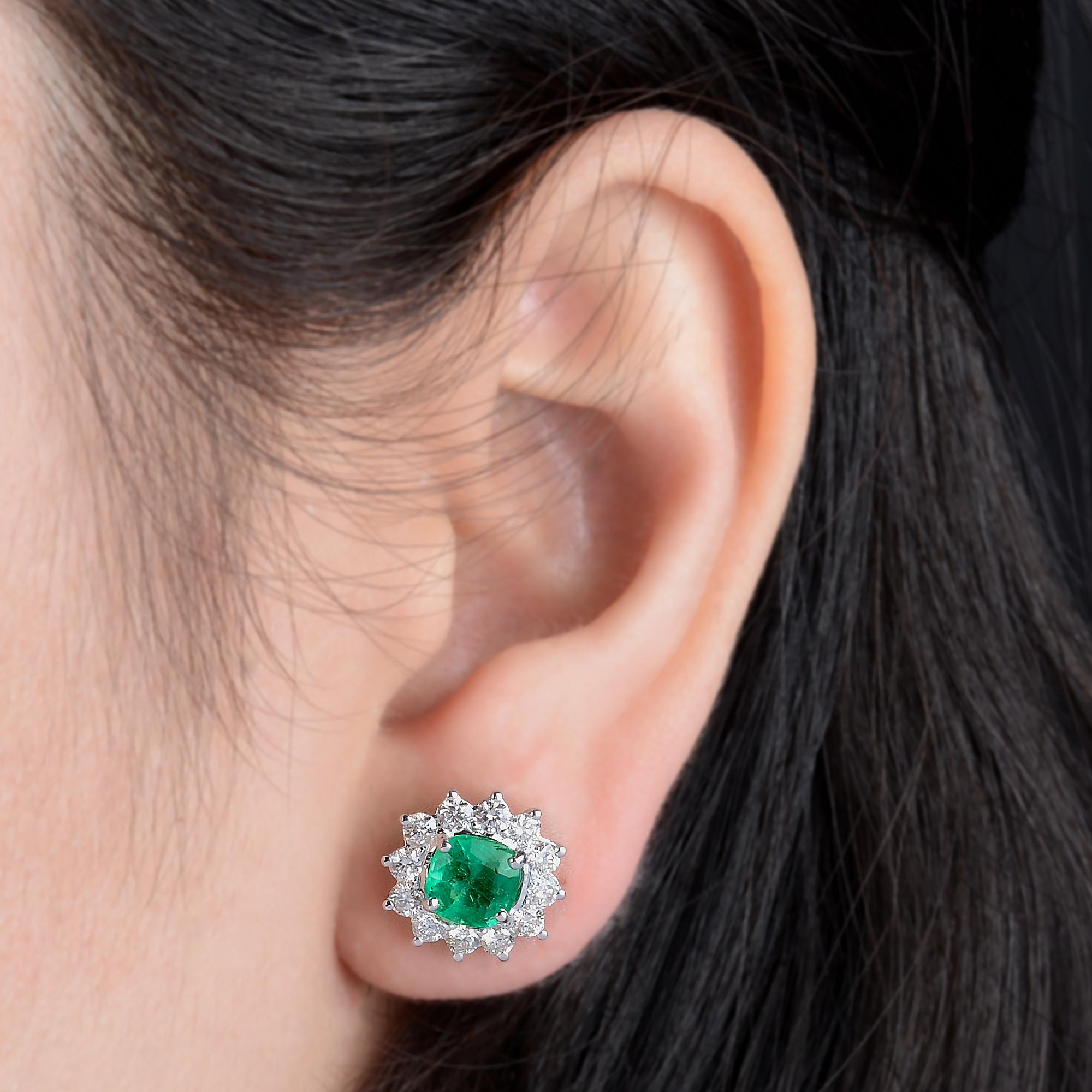 Cushion Cut Natural Emerald Gemstone Stud Earrings Diamond 14k White Gold Handmade Jewelry For Sale