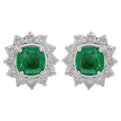 Natural Emerald Gemstone Stud Earrings Diamond 14k White Gold Handmade Jewelry