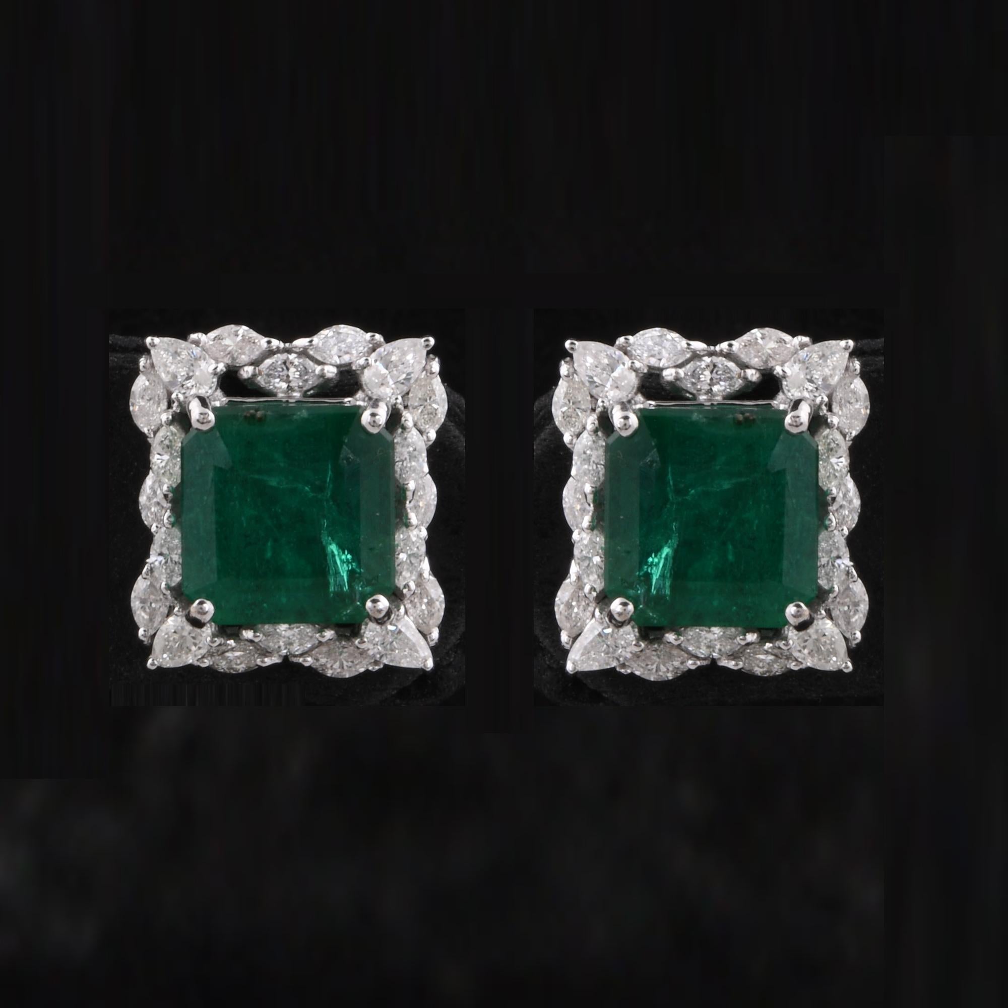 The design of the earrings is both classic and timeless, featuring a sleek and understated stud silhouette that complements any ensemble. Whether worn for a special occasion or as an everyday accessory, these Zambian Emerald Gemstone Stud Earrings