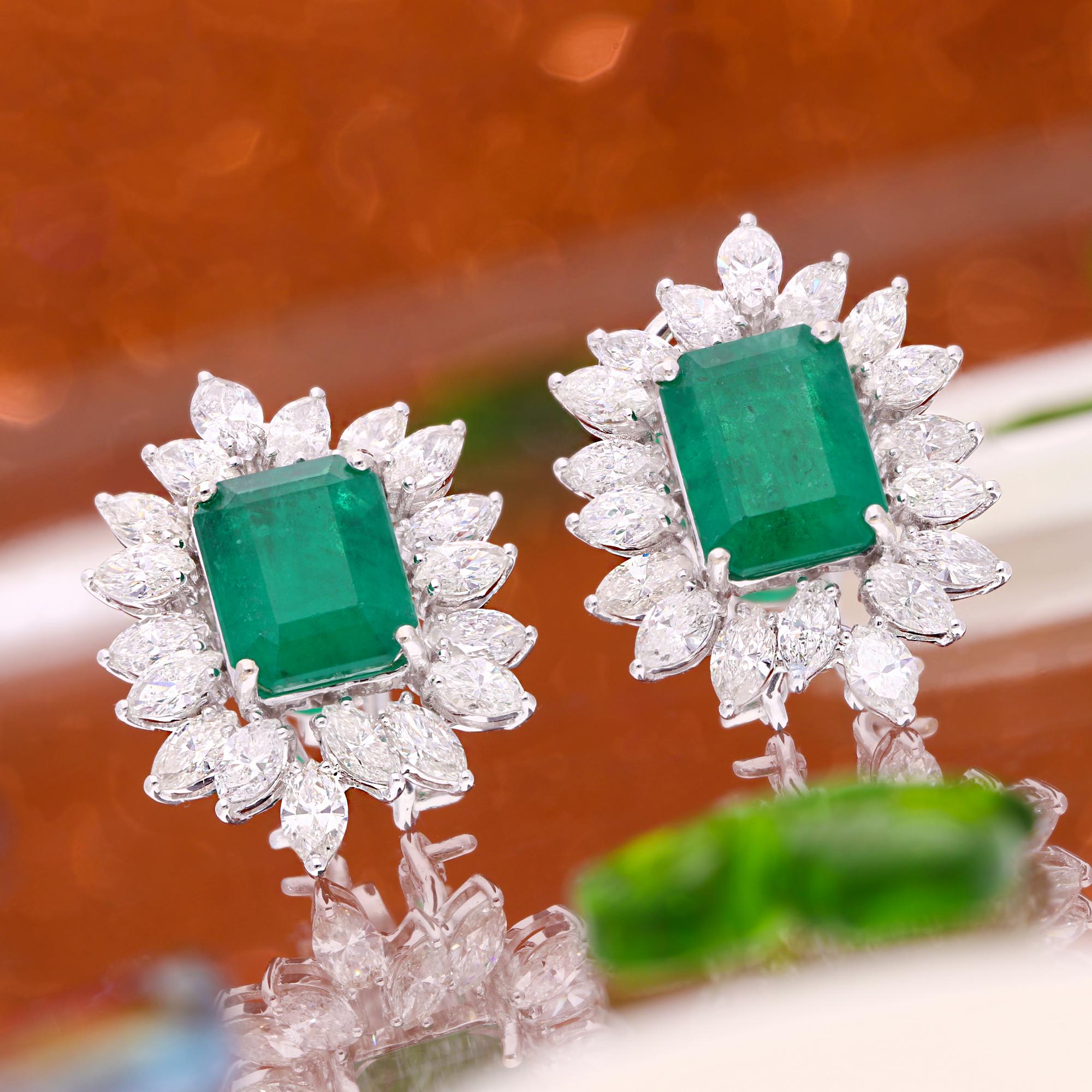 Modern Natural Emerald Gemstone Stud Earrings Diamond 18 Karat White Gold Fine Jewelry For Sale