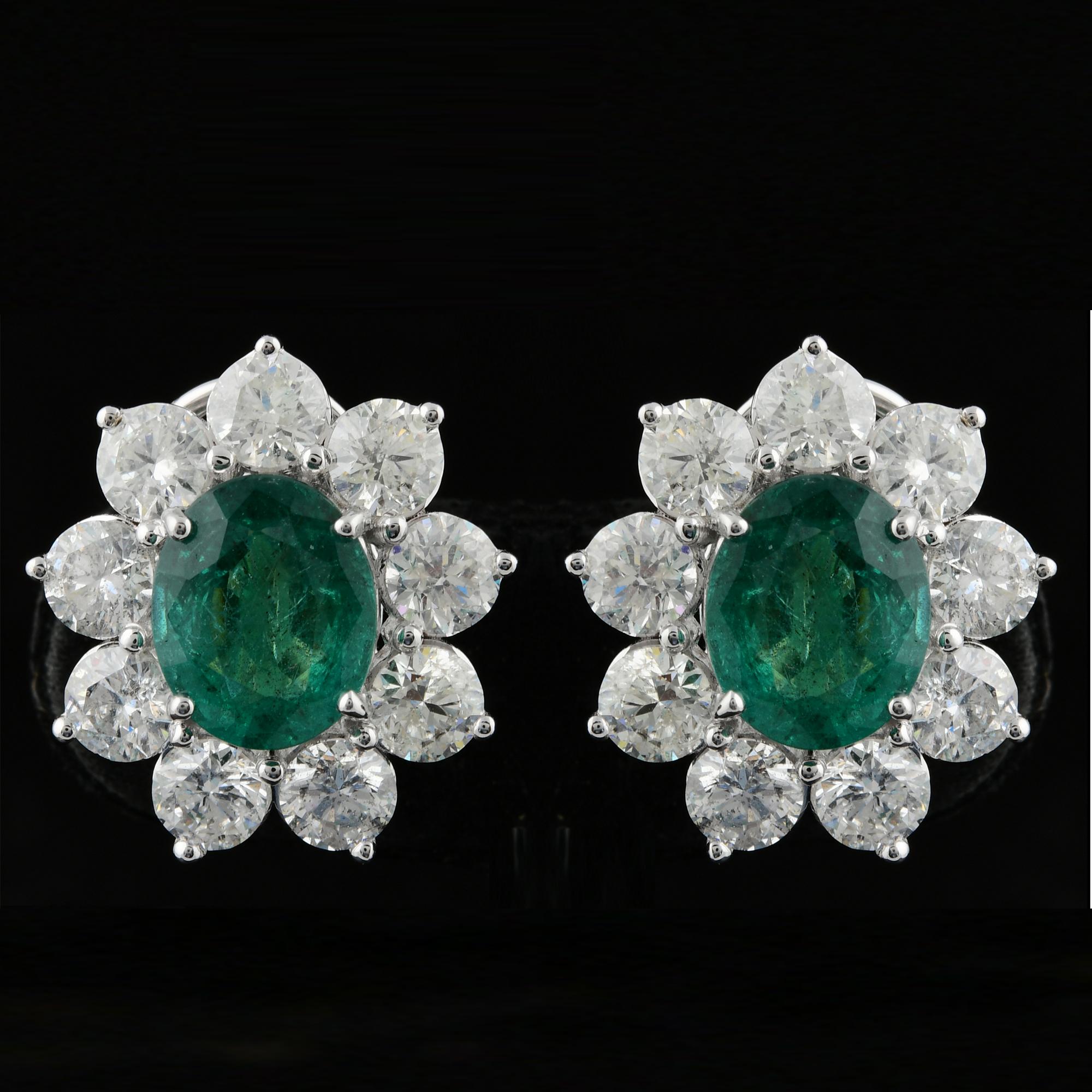 Modern Zambian Emerald Gemstone Stud Earrings Diamond 18 Karat White Gold Fine Jewelry For Sale
