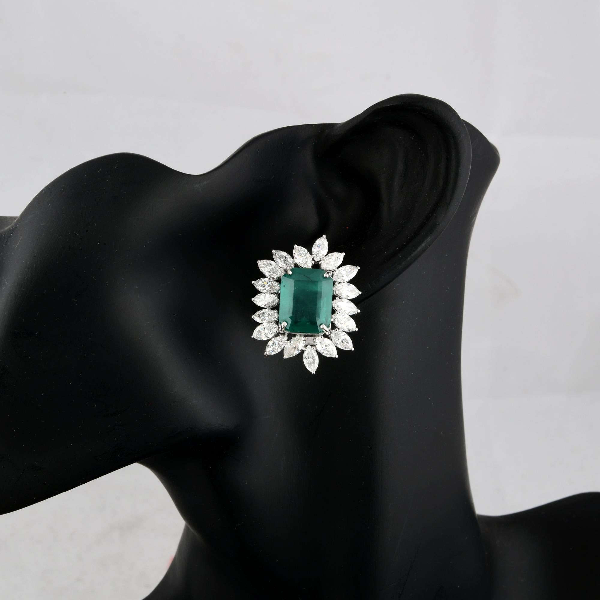 Emerald Cut Natural Emerald Gemstone Stud Earrings Diamond 18 Karat White Gold Fine Jewelry For Sale