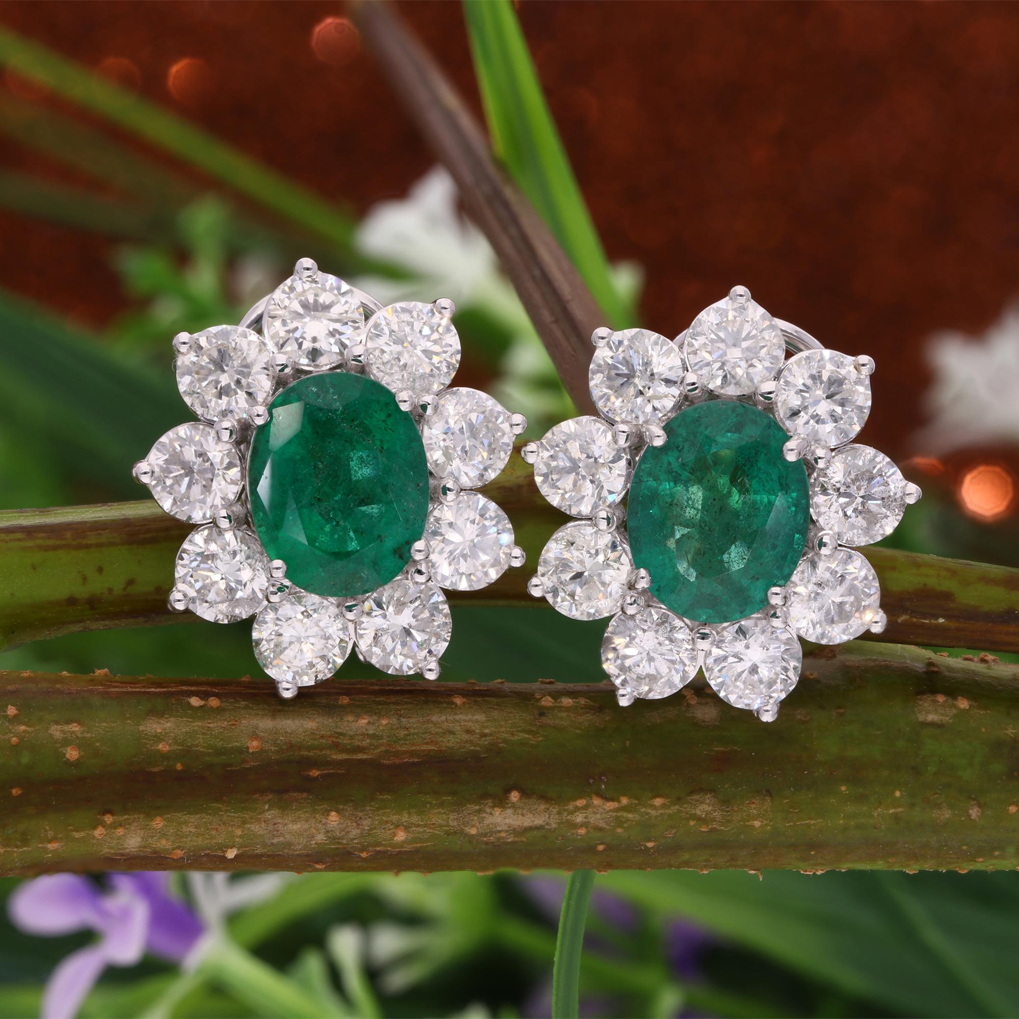 Oval Cut Zambian Emerald Gemstone Stud Earrings Diamond 18 Karat White Gold Fine Jewelry For Sale
