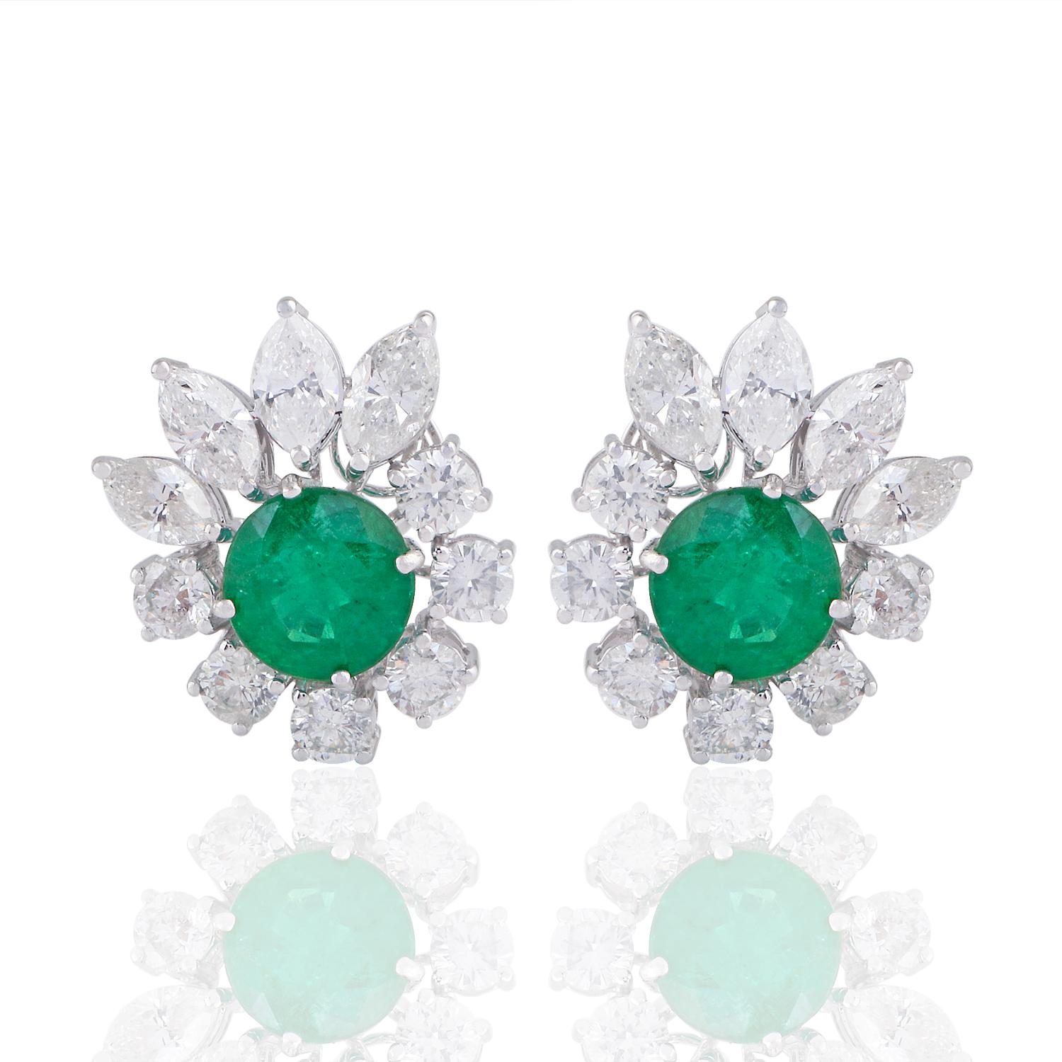Women's Zambian Emerald Gemstone Stud Earrings Diamond 18 Karat White Gold Fine Jewelry For Sale