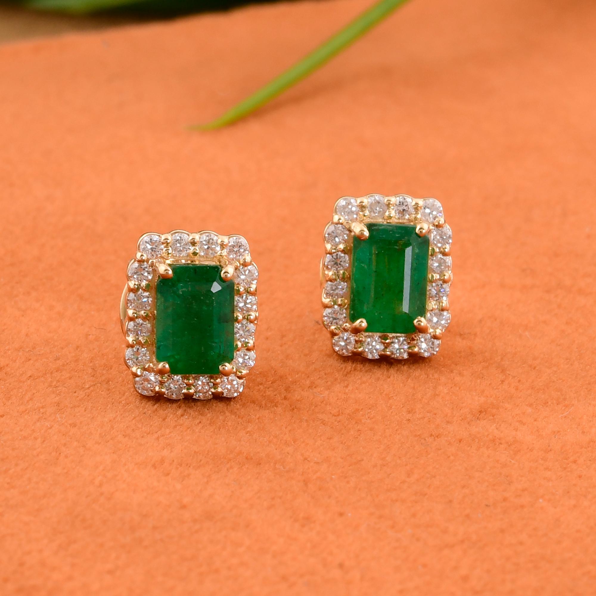 Women's Natural Zambian Emerald Stud Earrings Diamond 18 Karat White Gold Jewelry For Sale