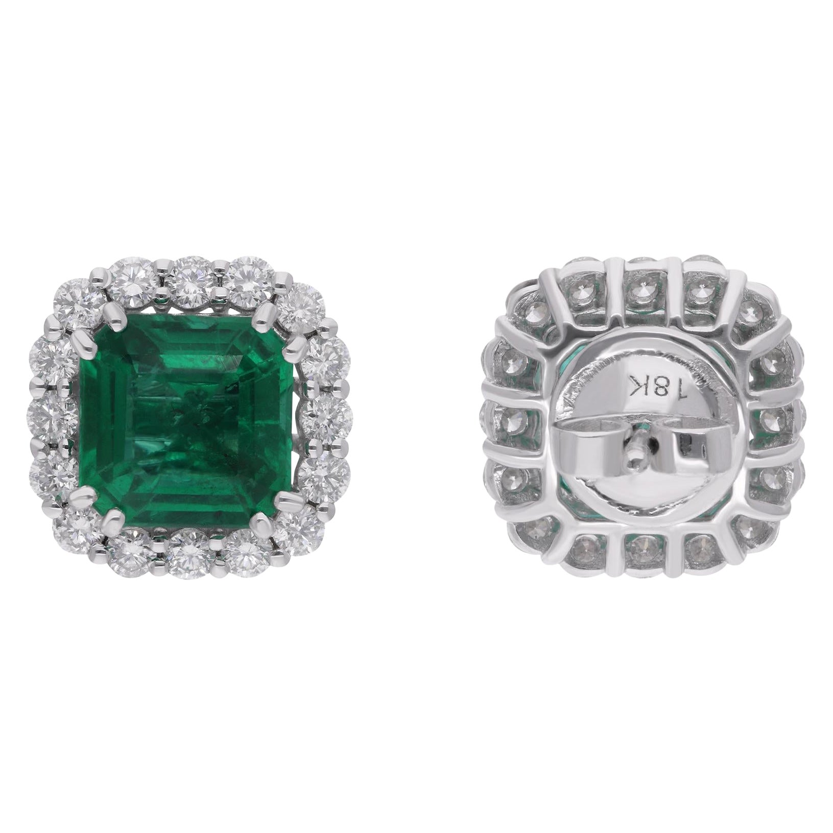 Zambian Emerald Gemstone Stud Earrings Diamond 18 Karat White Gold Fine Jewelry For Sale