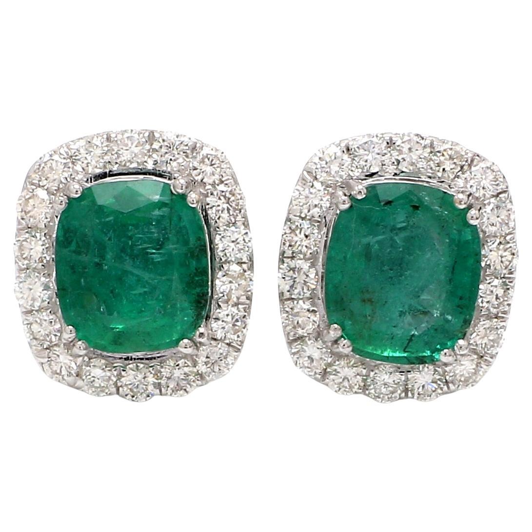 Natural Emerald Gemstone Stud Earrings Diamond 18 Karat White Gold Fine Jewelry For Sale