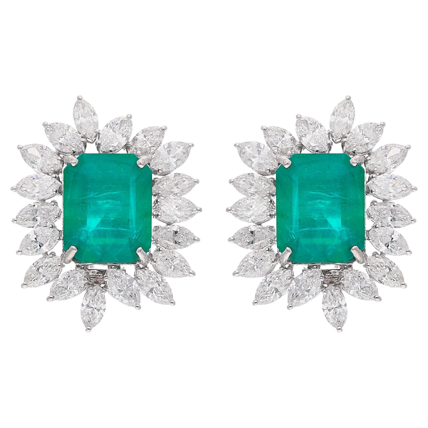 Natural Emerald Gemstone Stud Earrings Diamond 18 Karat White Gold Fine Jewelry