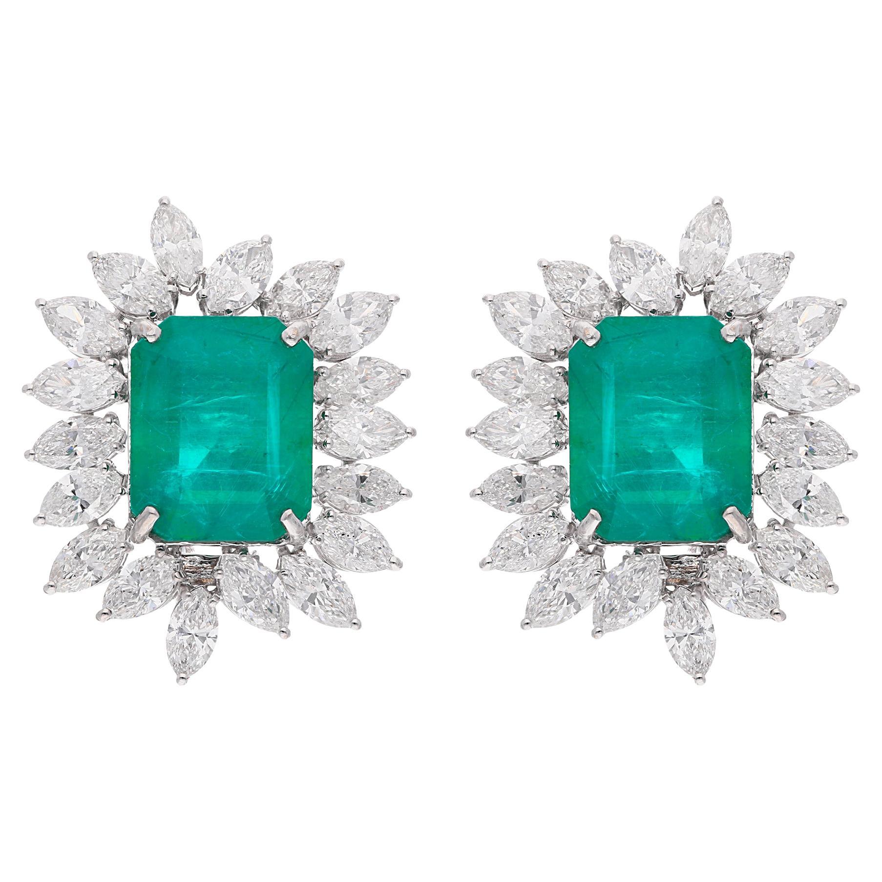 Natural Emerald Gemstone Stud Earrings Diamond 18 Karat White Gold Fine Jewelry