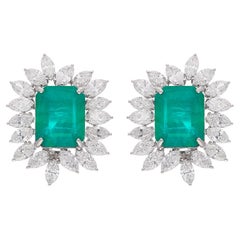 Natural Emerald Gemstone Stud Earrings Diamond 18 Karat White Gold Fine Jewelry