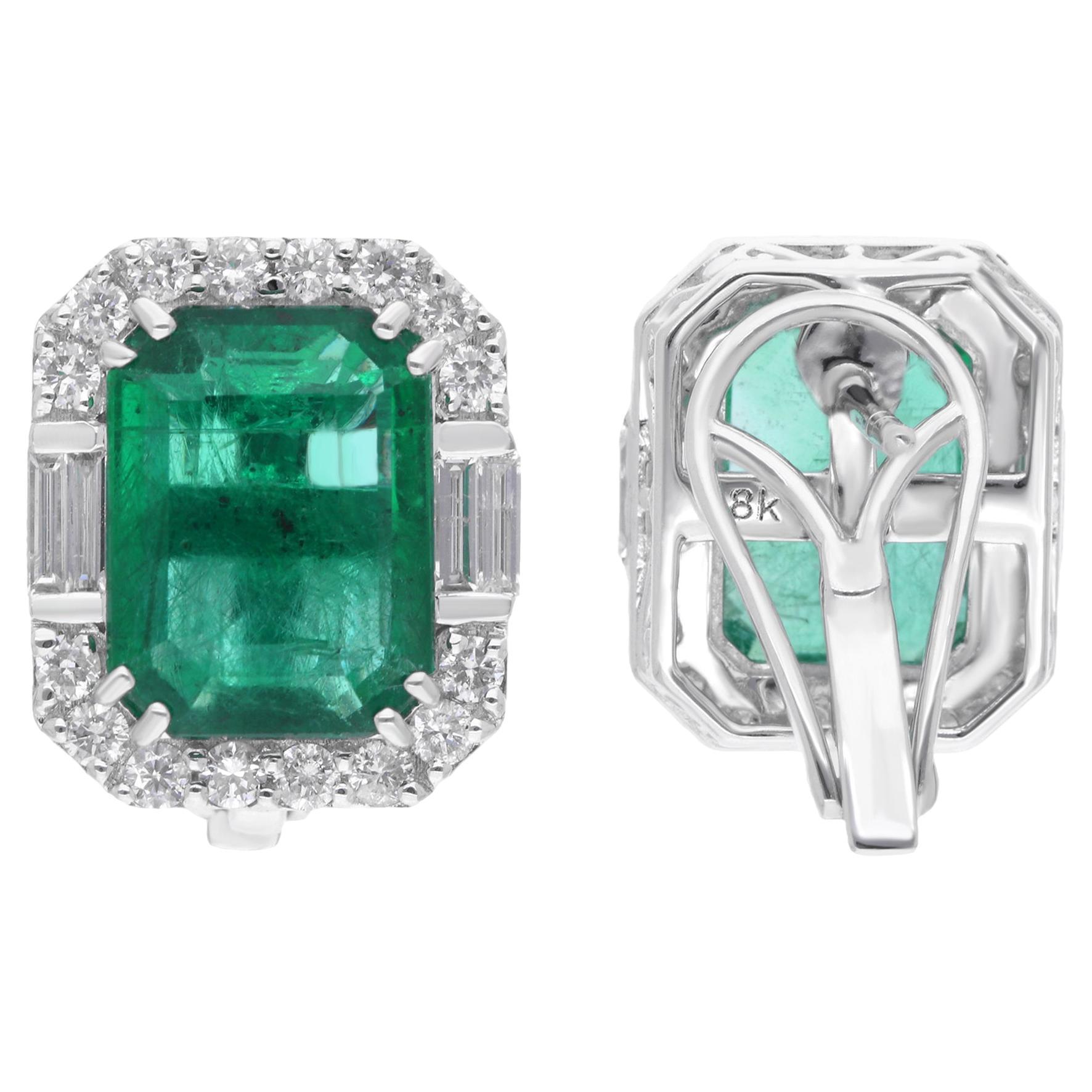 Zambian Emerald Gemstone Stud Earrings Diamond 18 Karat White Gold Fine Jewelry 