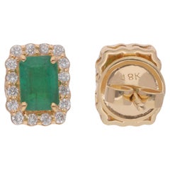 Natural Zambian Emerald Stud Earrings Diamond 18 Karat White Gold Jewelry