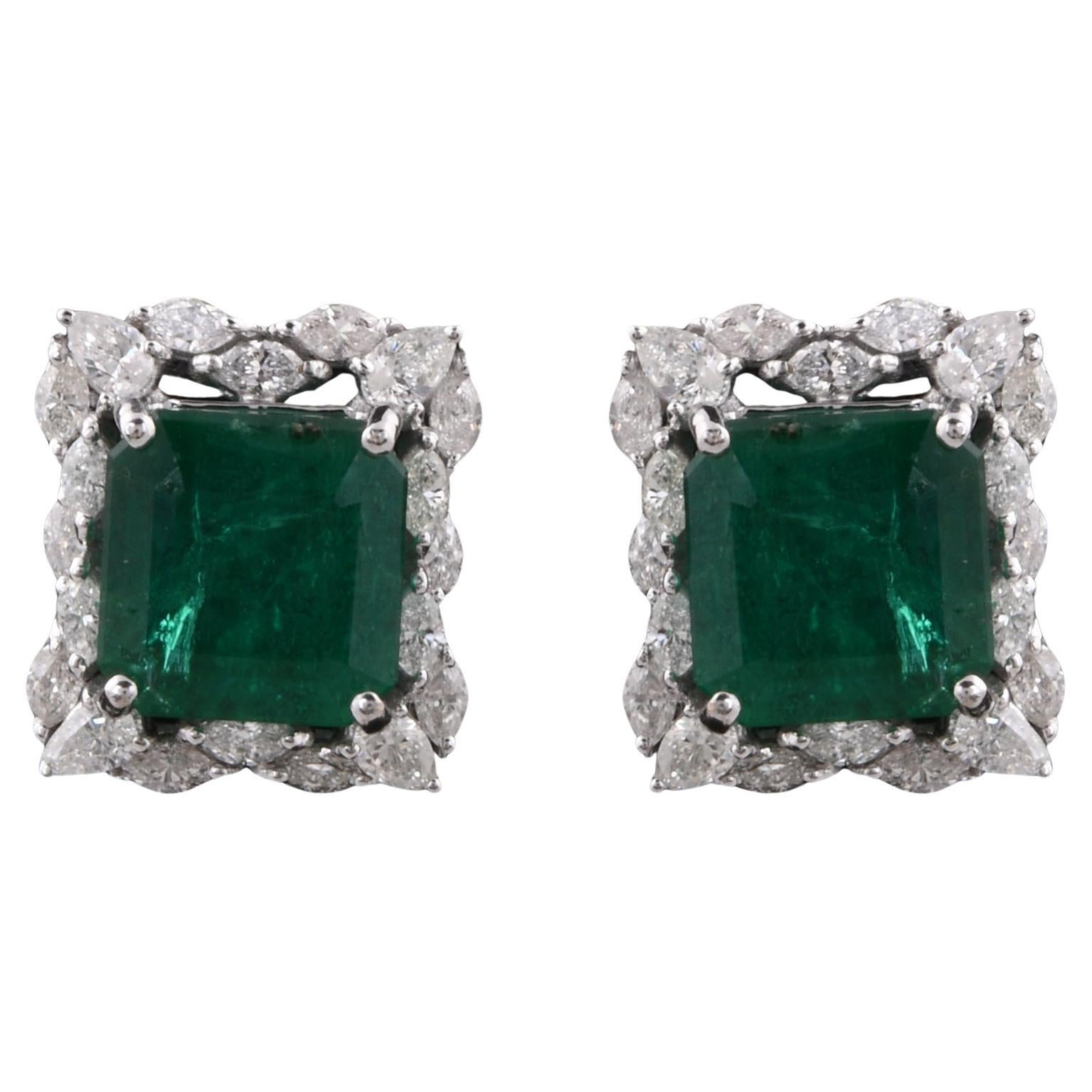 Zambian Emerald Gemstone Stud Earrings Diamond 18 Karat White Gold Fine Jewelry For Sale