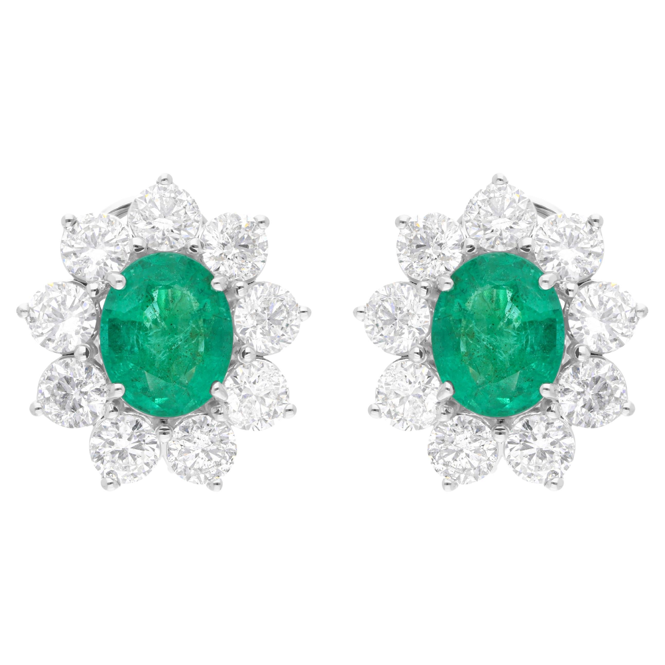 Zambian Emerald Gemstone Stud Earrings Diamond 18 Karat White Gold Fine Jewelry