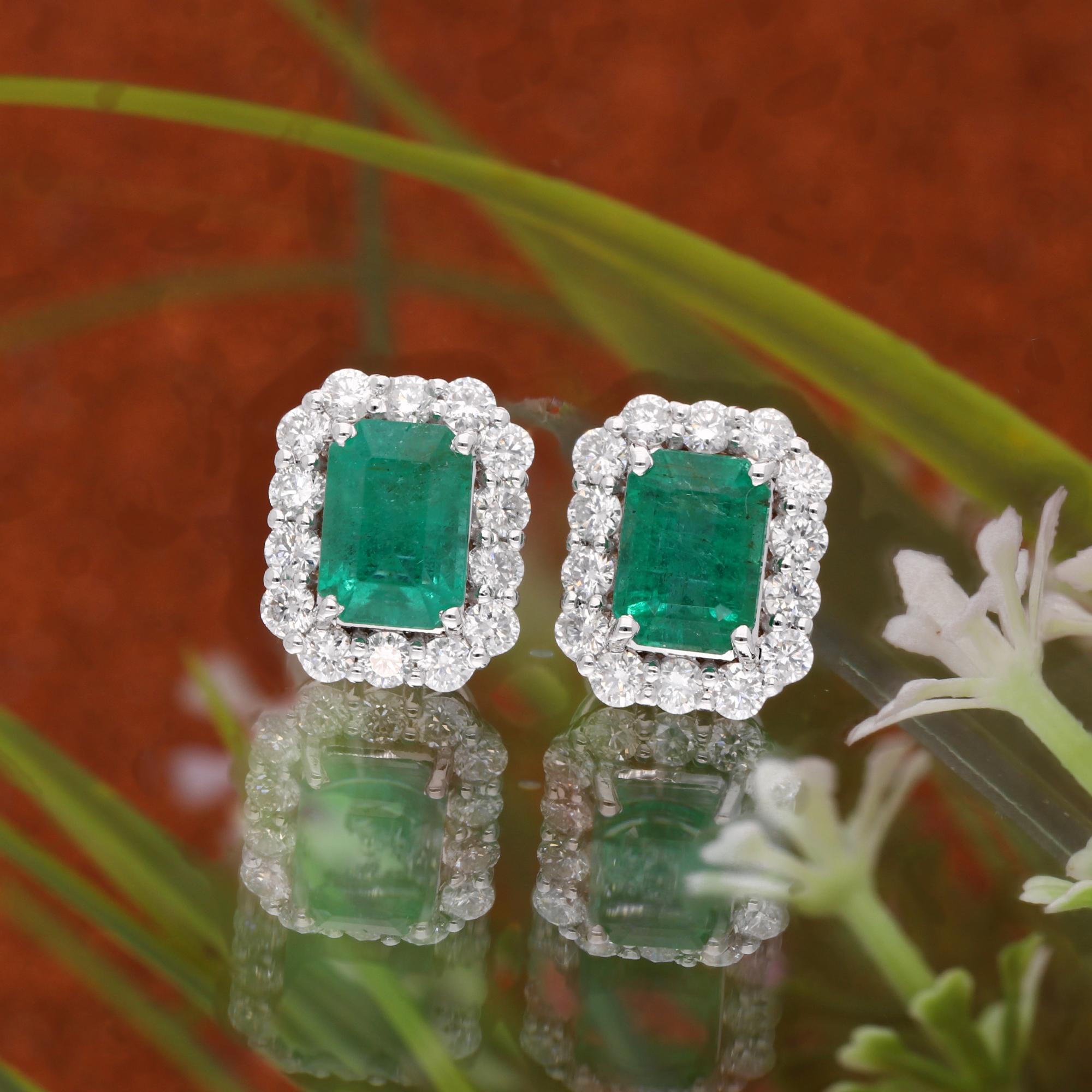 Modern Zambian Emerald Gemstone Stud Earrings Diamond Pave 14 Karat White Gold Jewelry For Sale