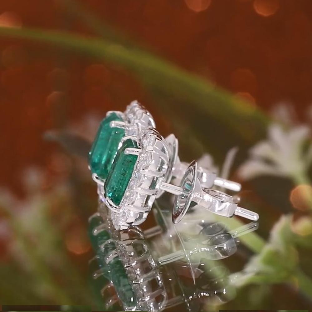Women's Zambian Emerald Gemstone Stud Earrings Diamond Pave 14 Karat White Gold Jewelry For Sale