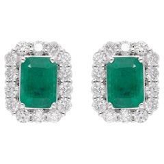 Used Zambian Emerald Gemstone Stud Earrings Diamond Pave 14 Karat White Gold Jewelry