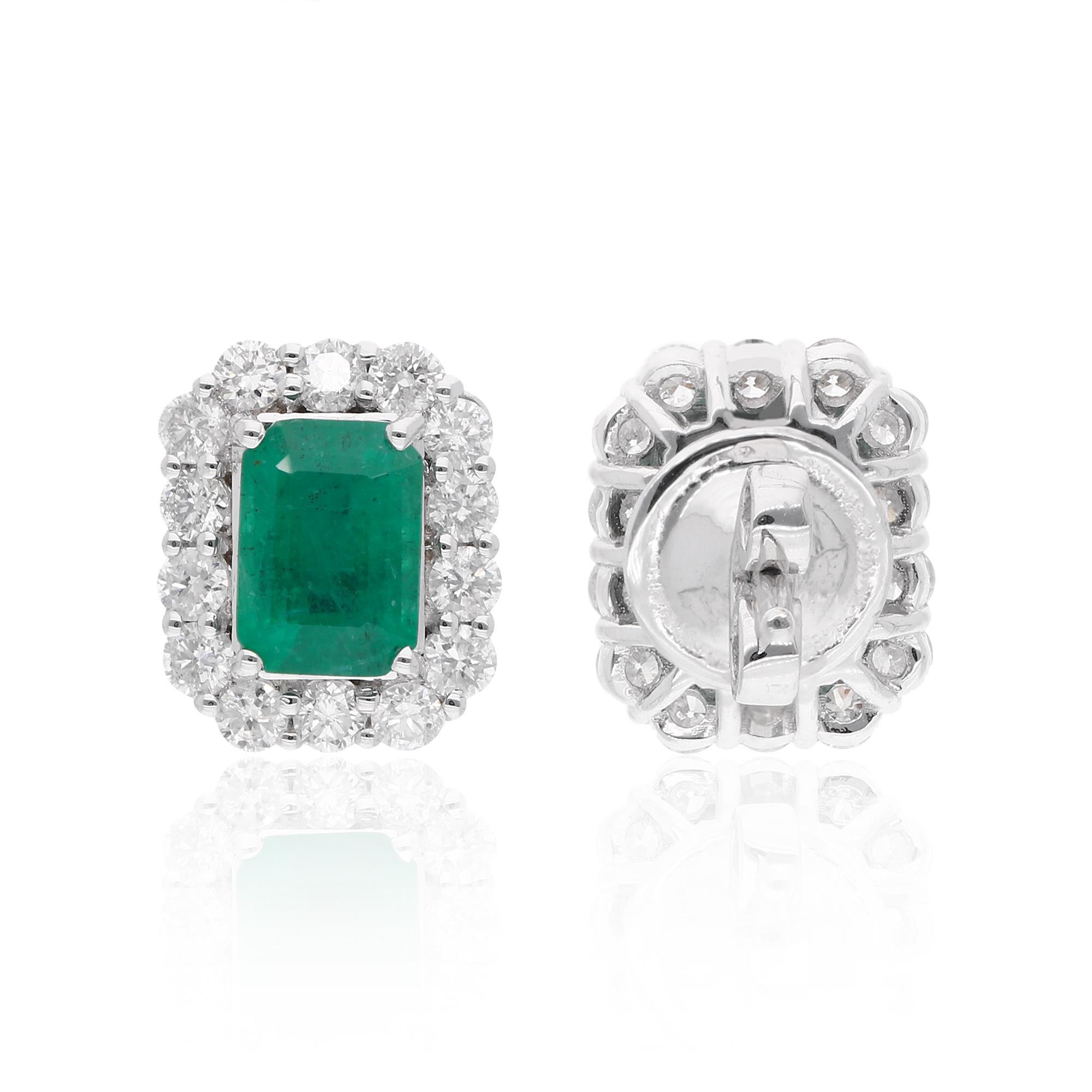 xperience the captivating allure of these stud earrings, adorned with Zambian emerald gemstones and diamond pavé, set in 18-karat white gold. Meticulously crafted with attention to detail, these earrings exude timeless elegance and