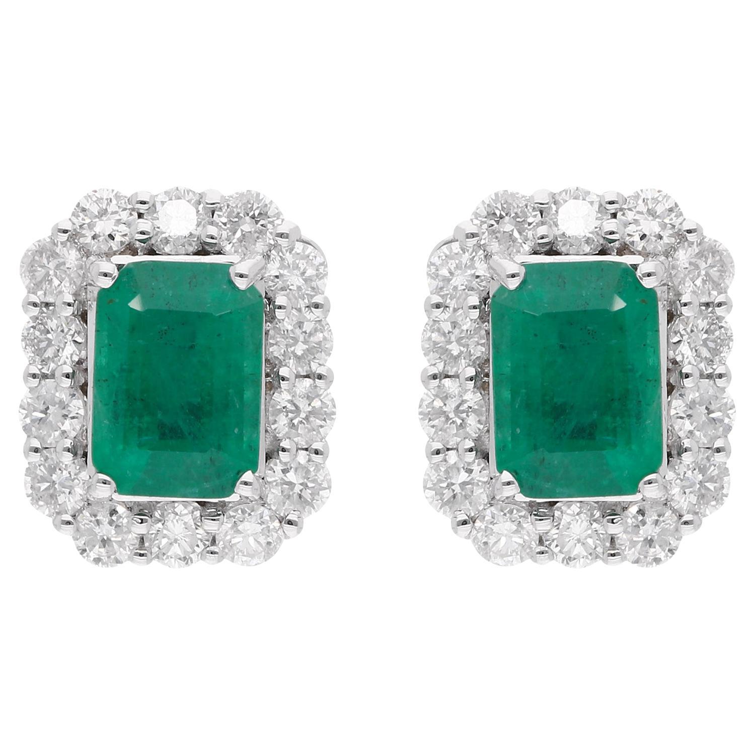 Zambian Emerald Gemstone Stud Earrings Diamond Pave 18 Karat White Gold Jewelry