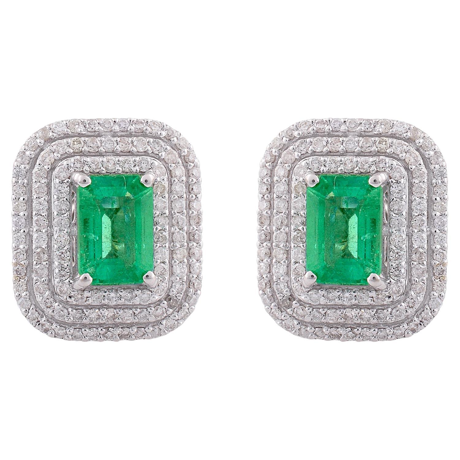 Zambian Emerald Gemstone Stud Earrings Diamond Pave Solid 14k White Gold Jewelry