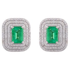 Zambian Emerald Gemstone Stud Earrings Diamond Pave Solid 14k White Gold Jewelry