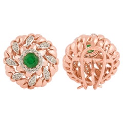 Natural Emerald Gemstone Stud Earrings Diamond Pave Solid 18k Rose Gold Jewelry