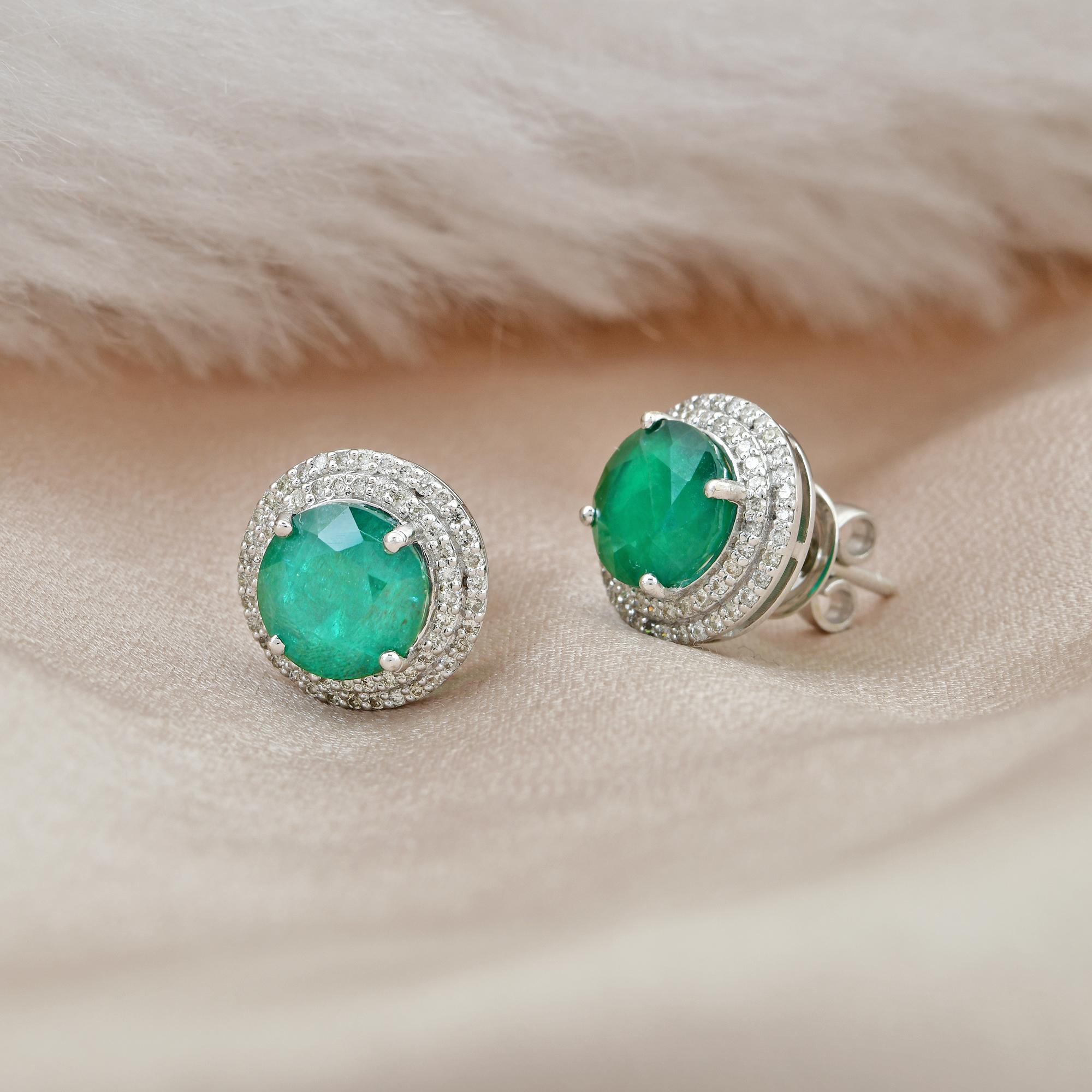 Modern Natural Emerald Gemstone Stud Earrings Diamond Pave Solid 18k White Gold Jewelry For Sale
