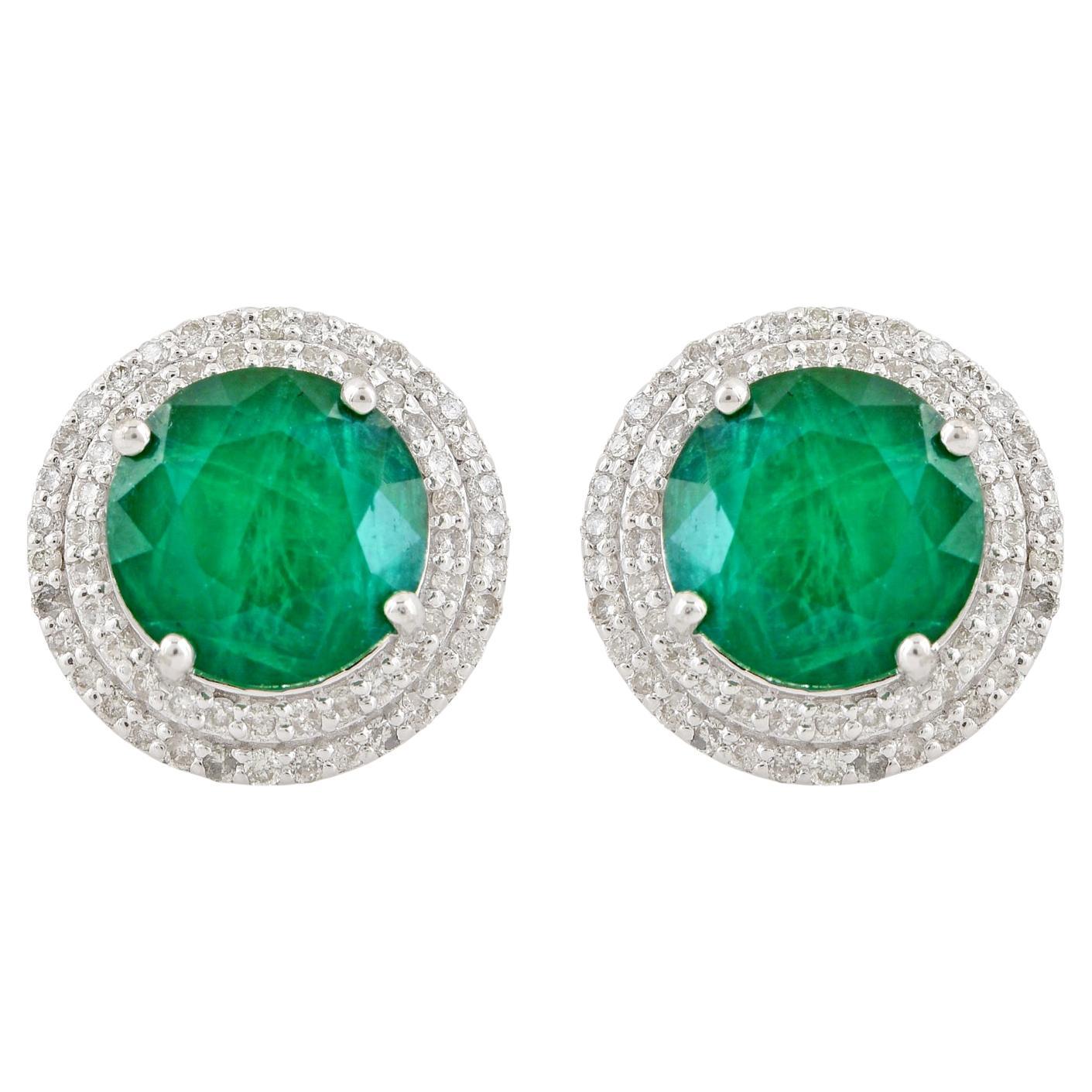 Zambian Emerald Gemstone Stud Earrings Diamond Pave Solid 18k White Gold Jewelry
