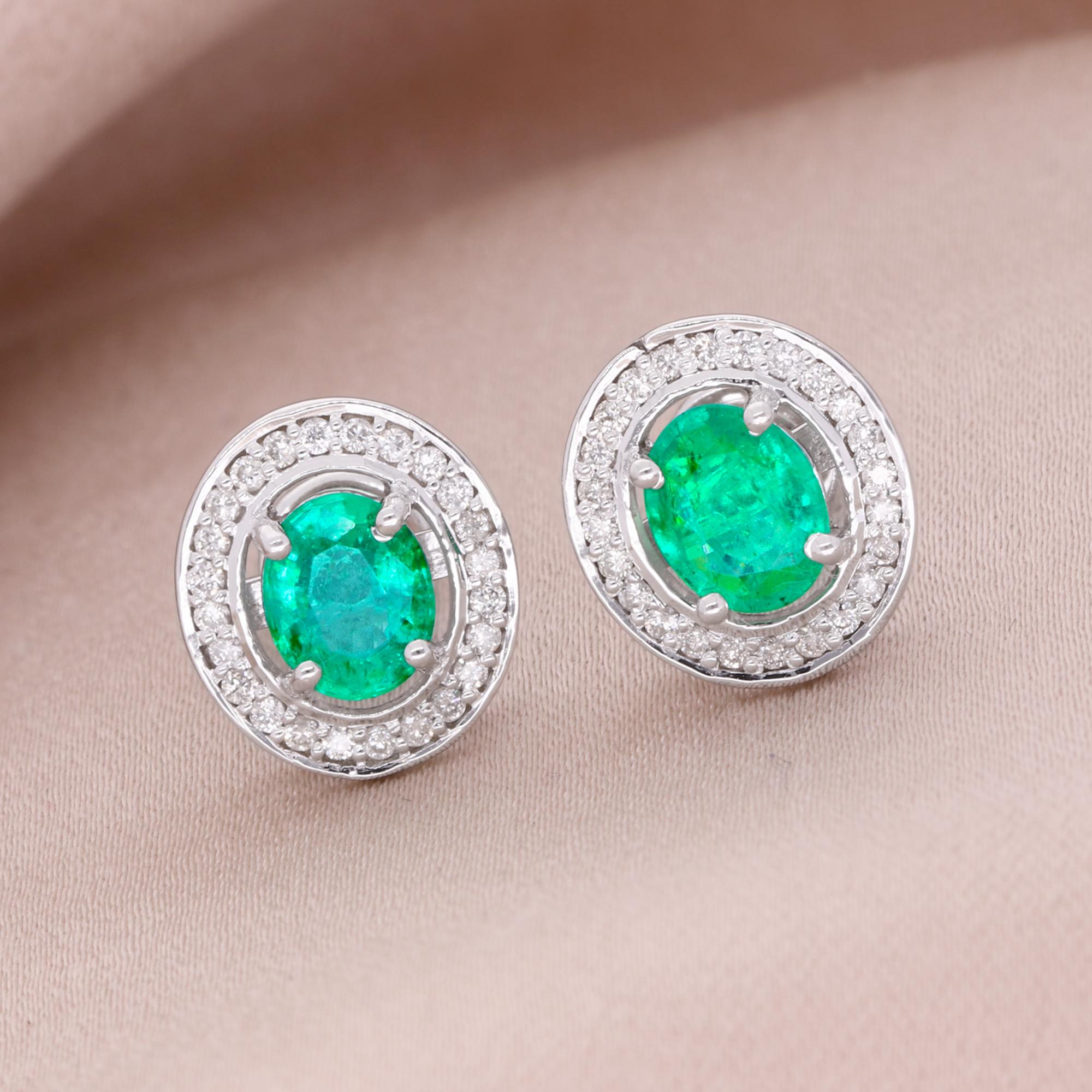 Modern Natural Emerald Gemstone Stud Earrings Diamond Solid 10k White Gold Fine Jewelry For Sale