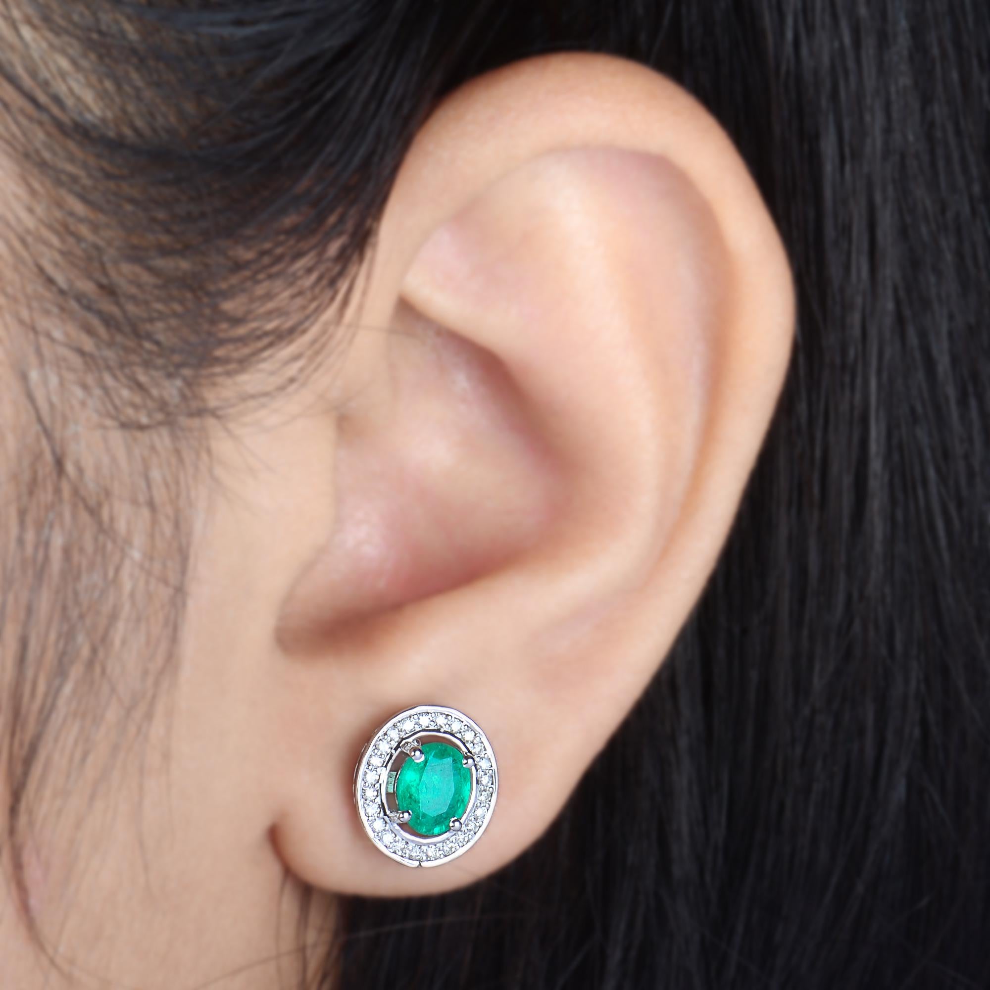 Oval Cut Natural Emerald Gemstone Stud Earrings Diamond Solid 10k White Gold Fine Jewelry For Sale