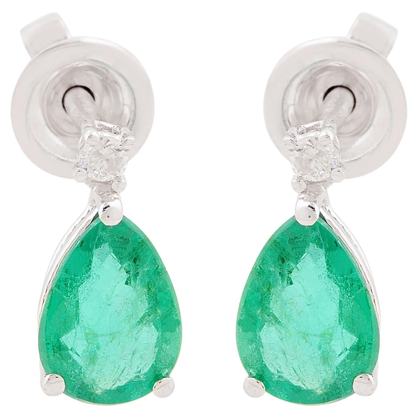 Natural Zambian Emerald Gemstone Stud Earrings Diamond 10k White Gold Jewelry For Sale