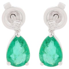 Natural Zambian Emerald Gemstone Stud Earrings Diamond 10k White Gold Jewelry