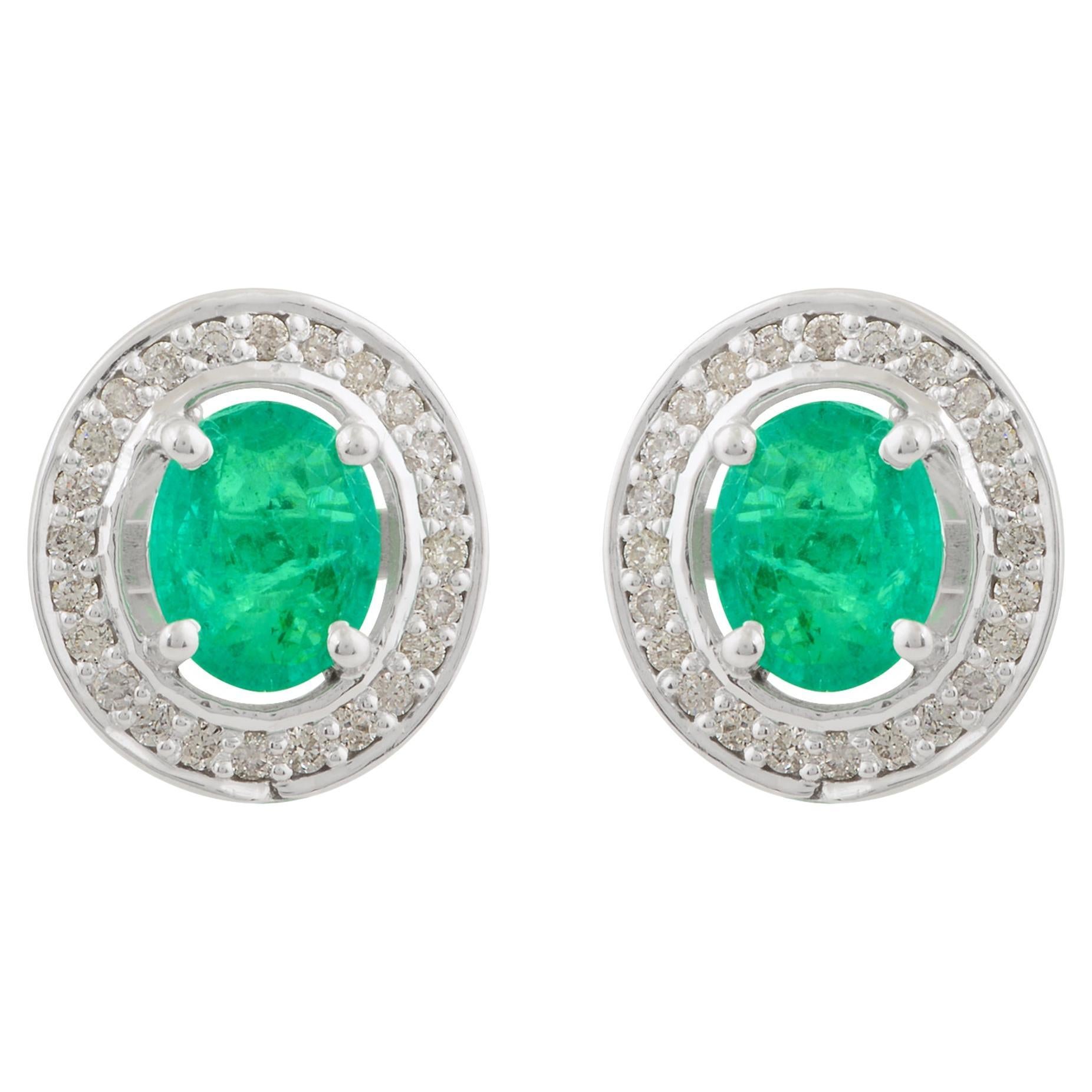 Natural Emerald Gemstone Stud Earrings Diamond Solid 10k White Gold Fine Jewelry For Sale