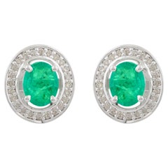 Natural Emerald Gemstone Stud Earrings Diamond Solid 10k White Gold Fine Jewelry