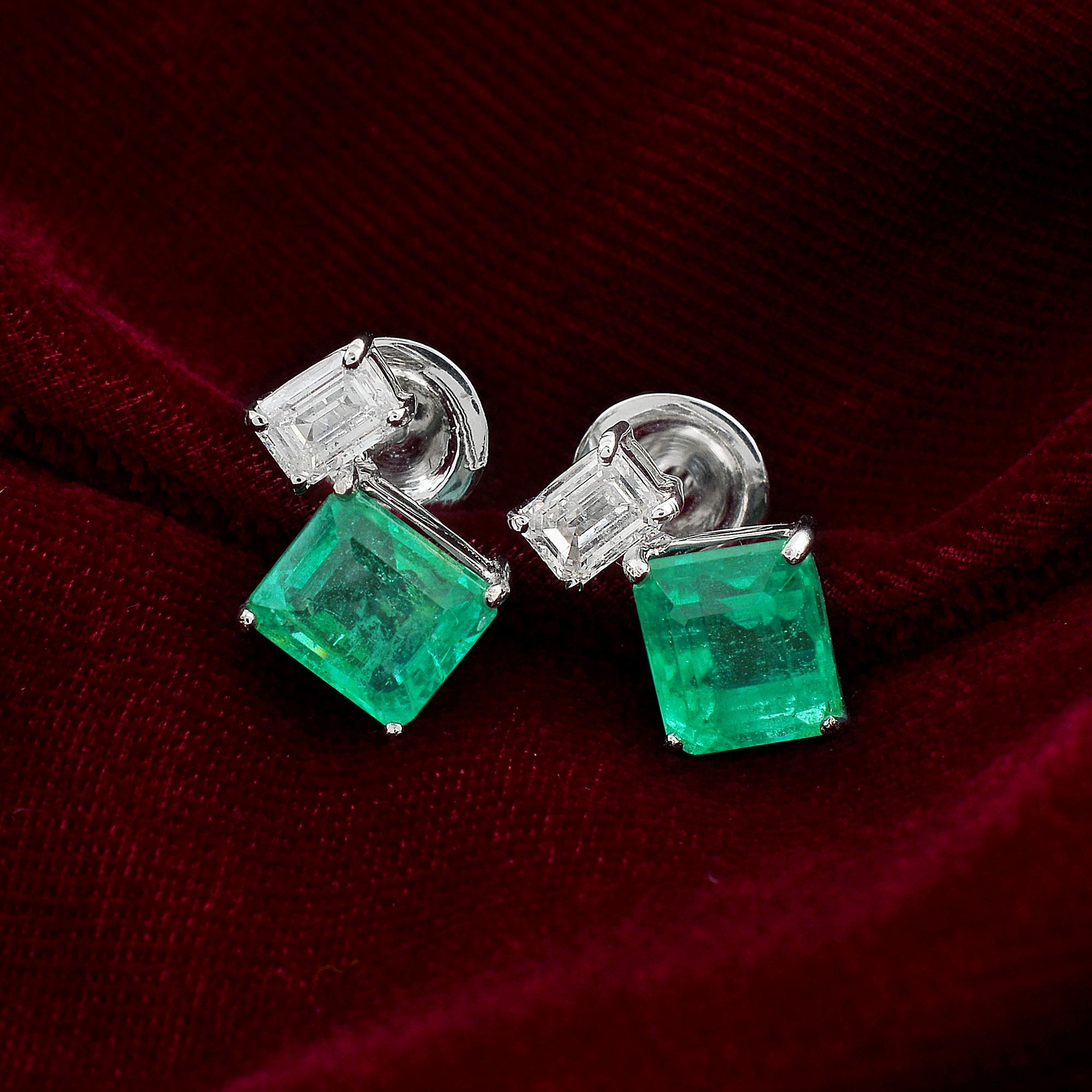 Modern Natural Emerald Gemstone Stud Earrings Diamond Solid 14k White Gold Fine Jewelry For Sale