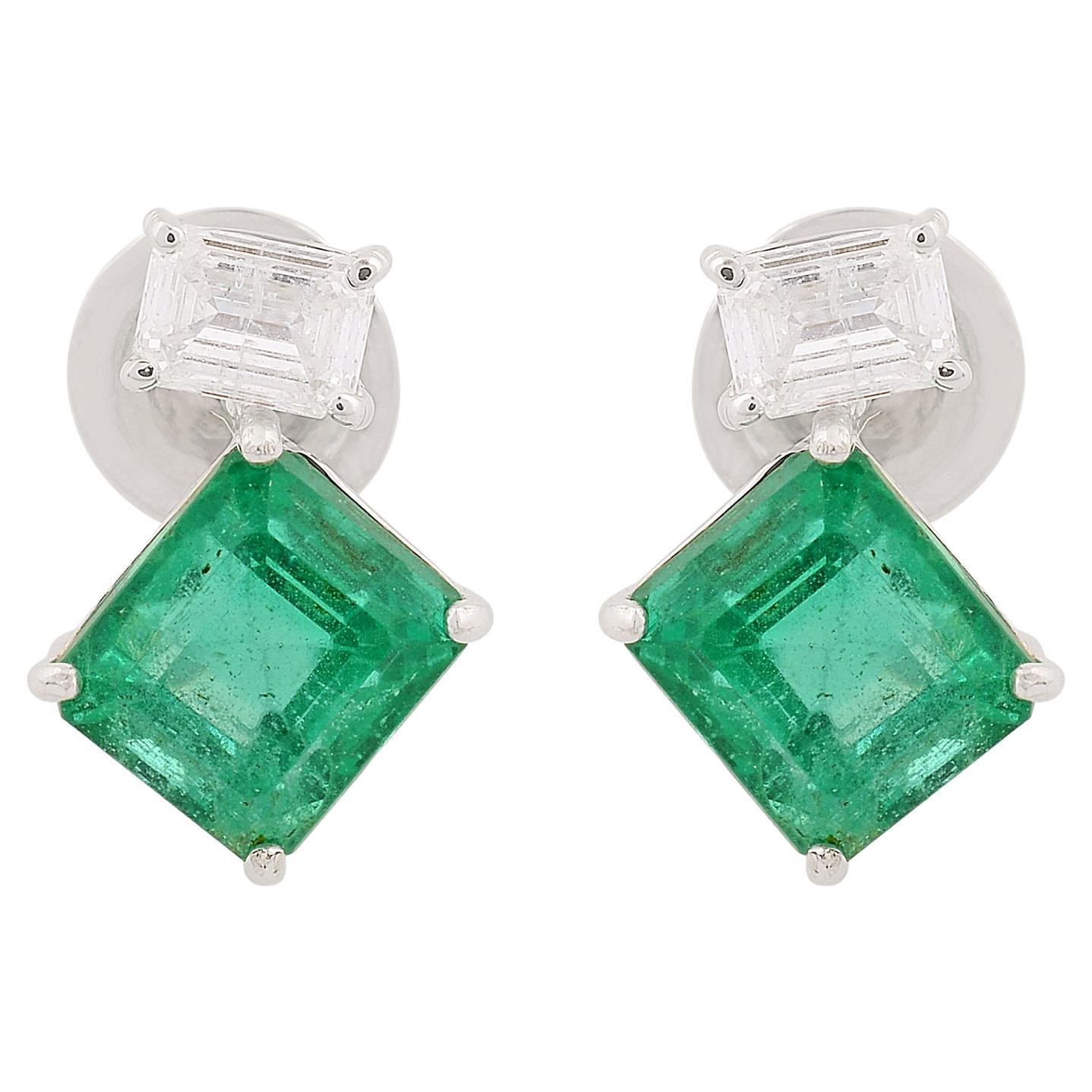 Natural Emerald Gemstone Stud Earrings Diamond Solid 14k White Gold Fine Jewelry