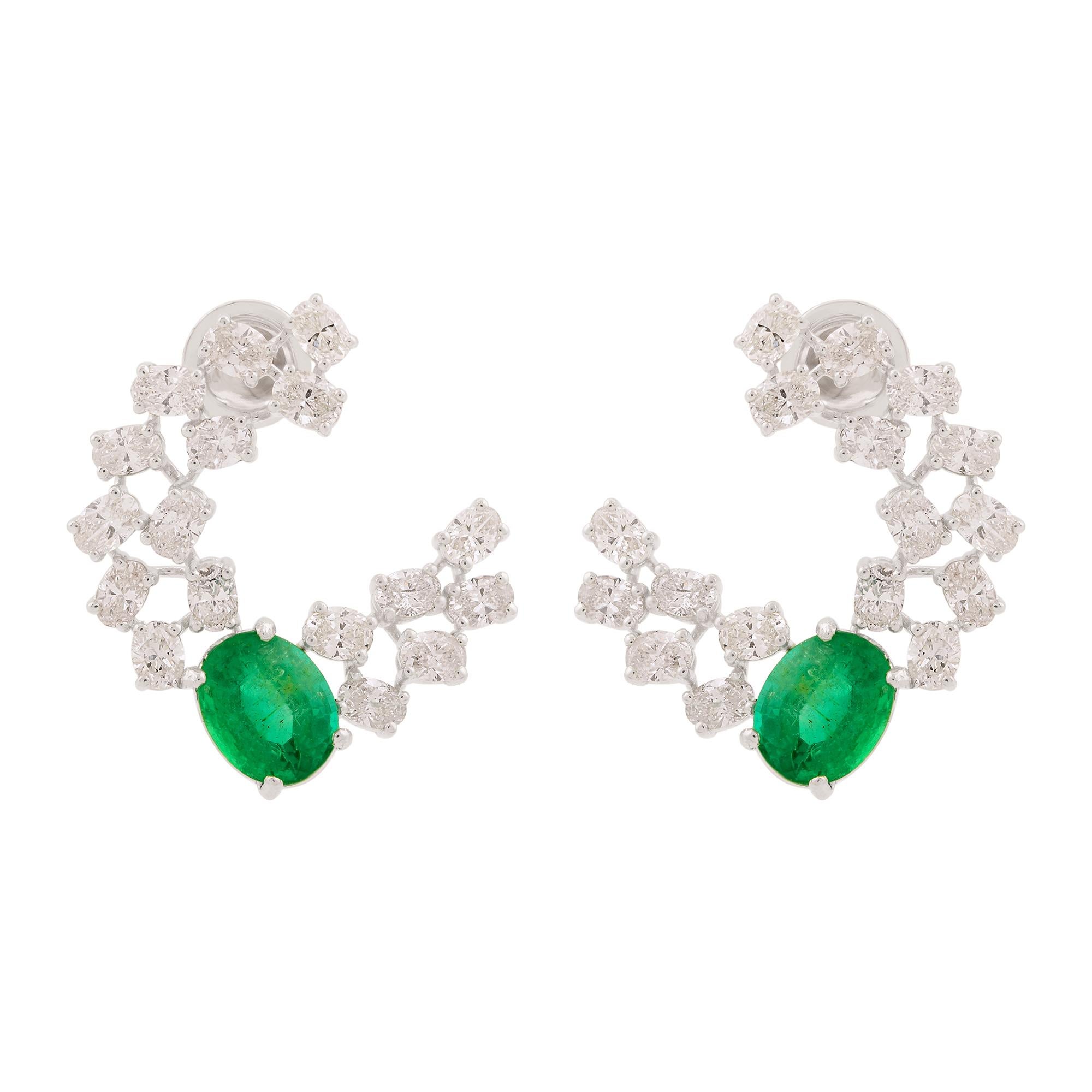 Item Code:- SEE-11729
Gross Weight :- 8.31 gm
18k Solid White Gold Weight :- 6.32 gm
Natural Diamond Weight :- 3.96 ct.  ( AVERAGE DIAMOND CLARITY SI1-SI2 & COLOR H-I )
Zambian Emerald Weight :- 6 ct.
Earrings Size : 24 mm (approx.)

✦