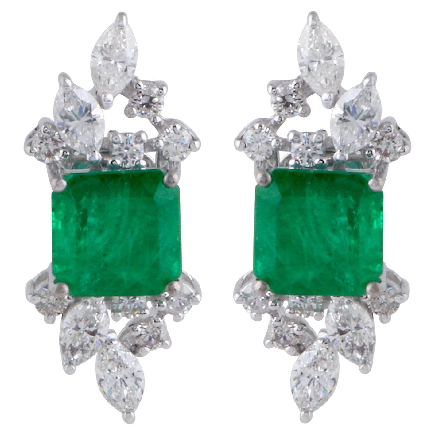 Natural Emerald Gemstone Stud Earrings Diamond Solid 18k White Gold Fine Jewelry