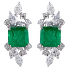 Zambian Emerald Gemstone Stud Earrings Diamond Solid 18k White Gold Fine Jewelry