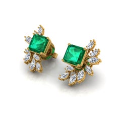Zambian Emerald Gemstone Stud Earrings Marquise Diamond 14 Karat Yellow Gold