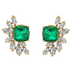 Zambian Emerald Gemstone Stud Earrings Marquise Diamond 14 Karat Yellow Gold