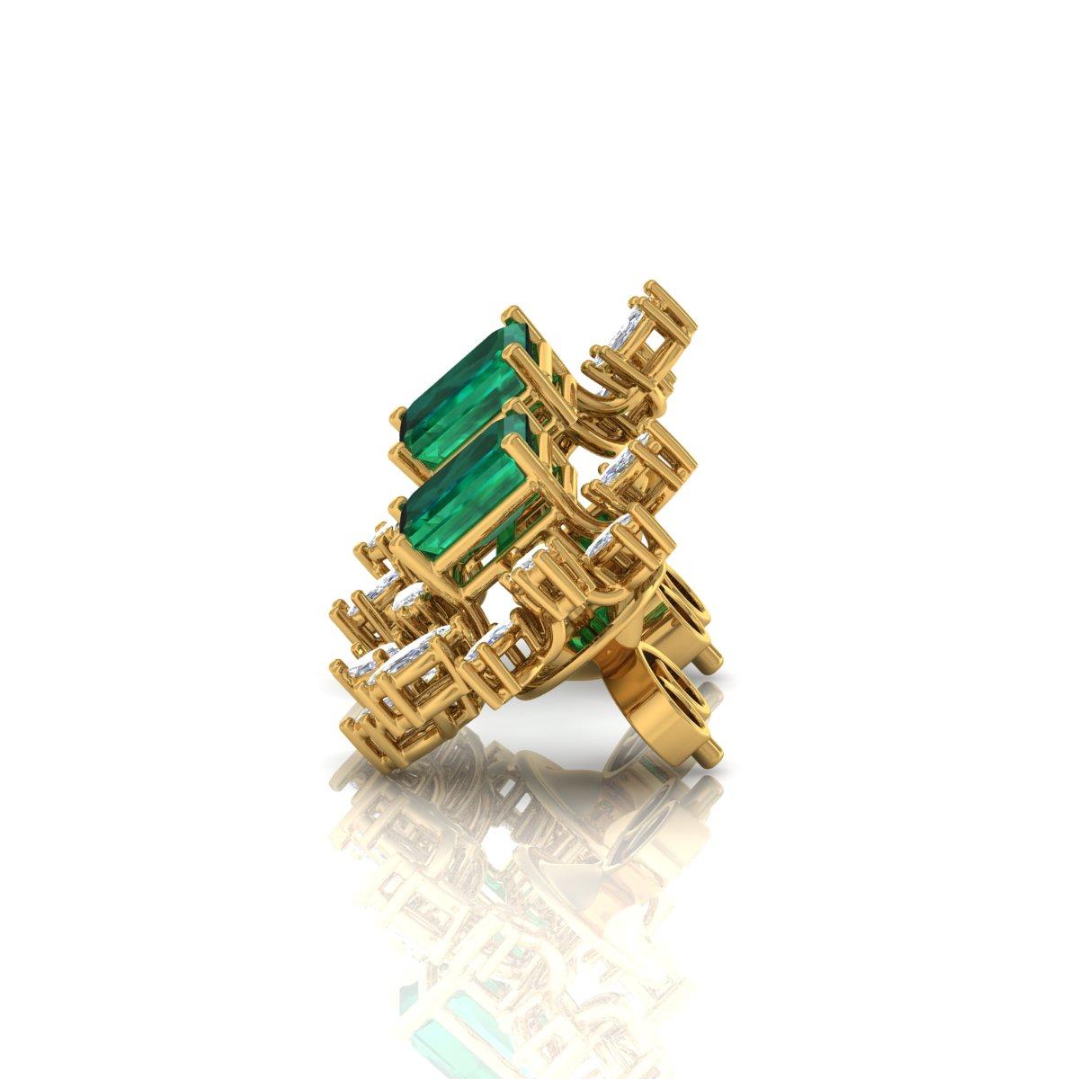 Cushion Cut Zambian Emerald Gemstone Stud Earrings Marquise Diamond 18 Karat Yellow Gold For Sale
